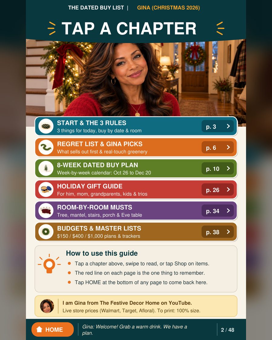 Sample page 2: Tap a chapter, six colored chapter bars with page numbers and a HOME button
