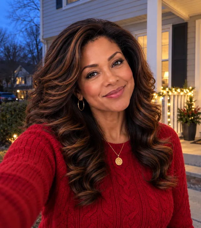 Gina smiling on her front porch at dusk, in a red sweater, with the wreath on the door behind her